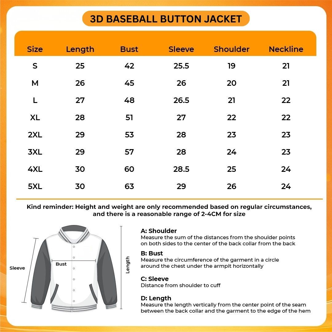 3D Baseball Button Jacket Size Chart 1 - Dark Souls Store
