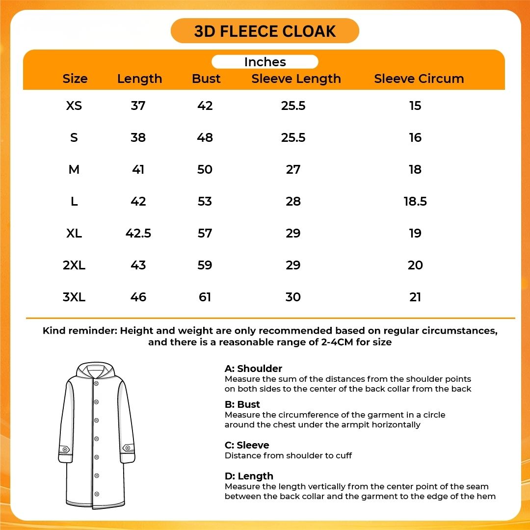 3D Fleece Cloak Size Chart - Dark Souls Store