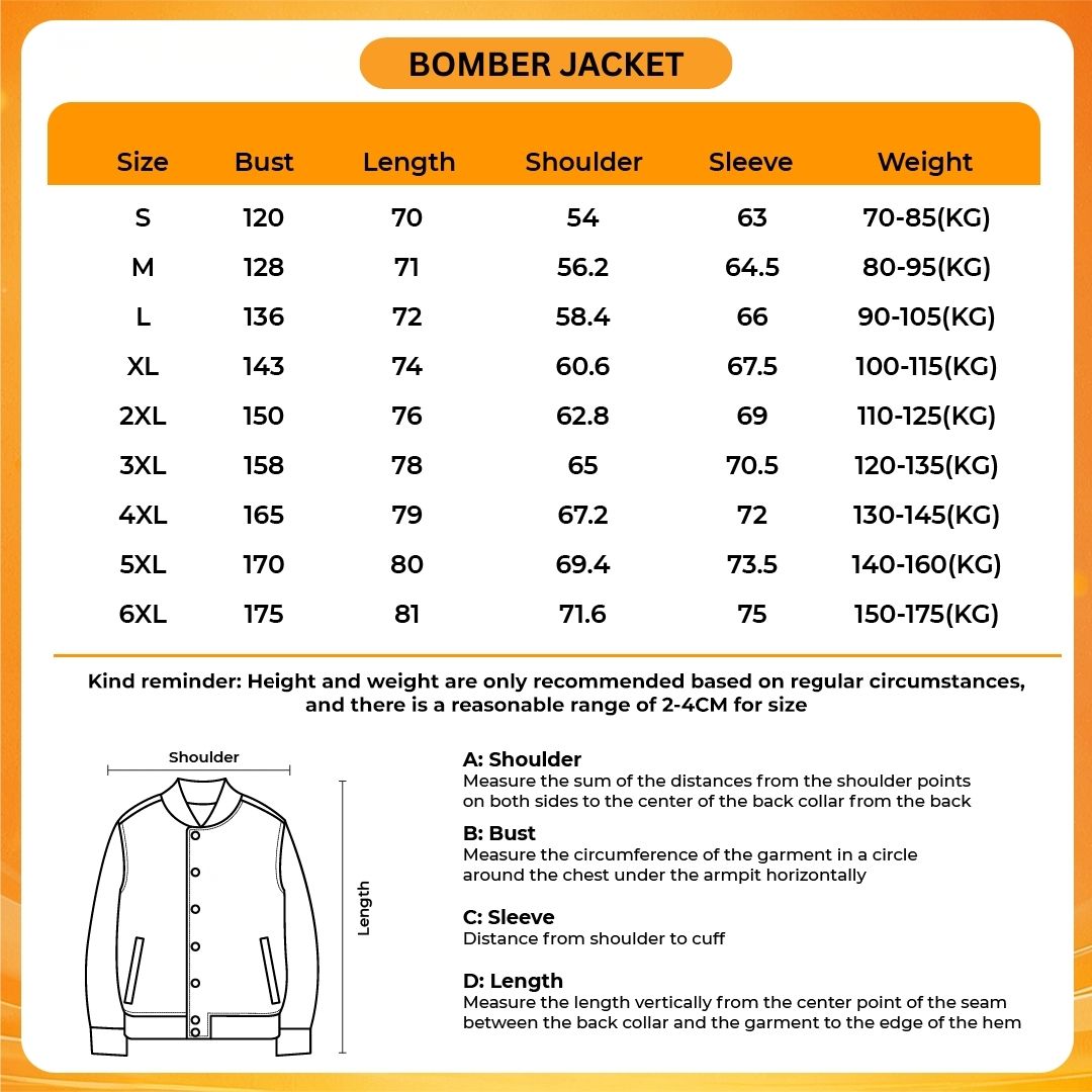 Bomber Jacket Size Chart - Dark Souls Store
